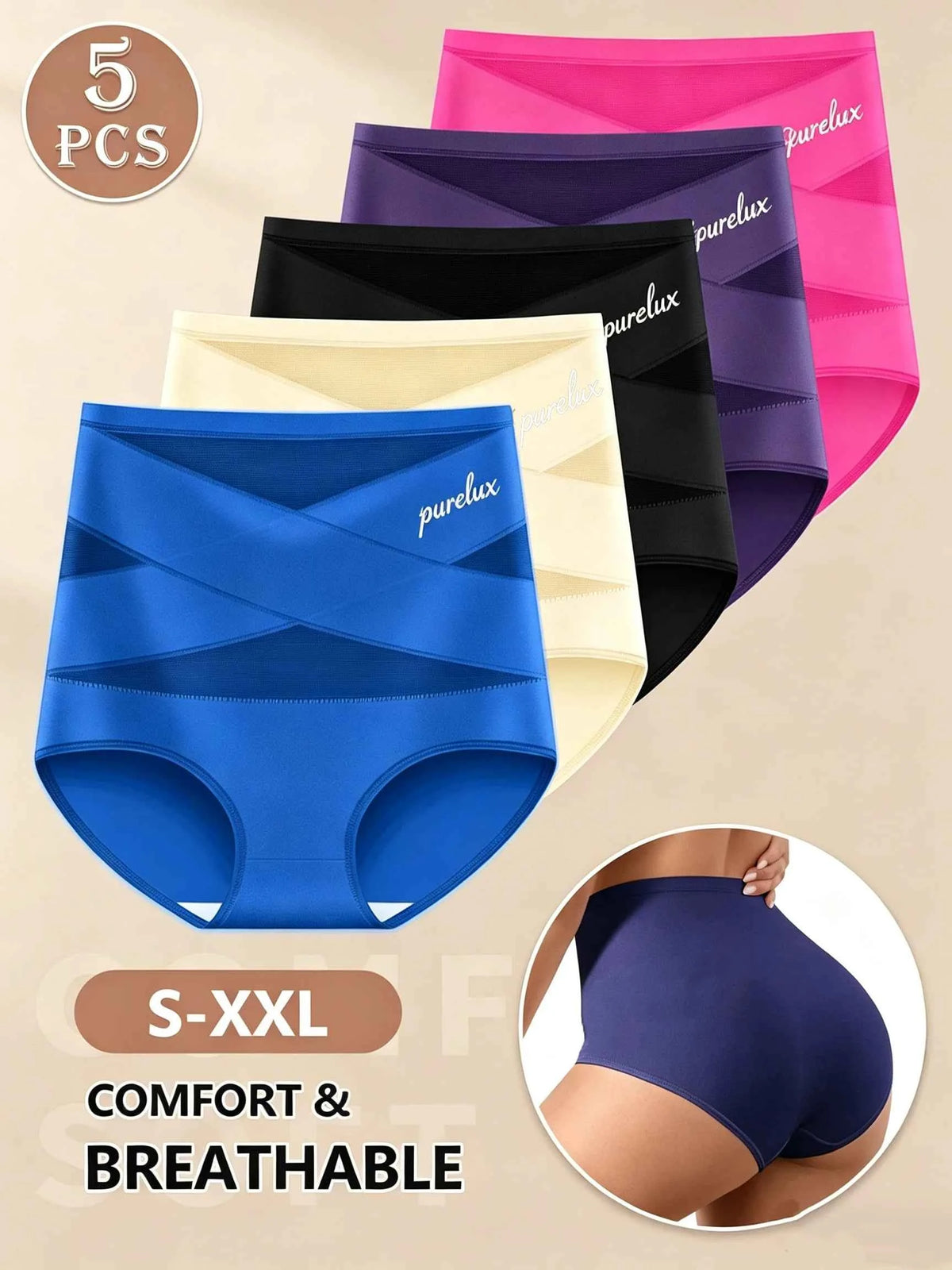 5-Pack High-Waisted Brief Panties with Geometric Mesh Panel Detailing