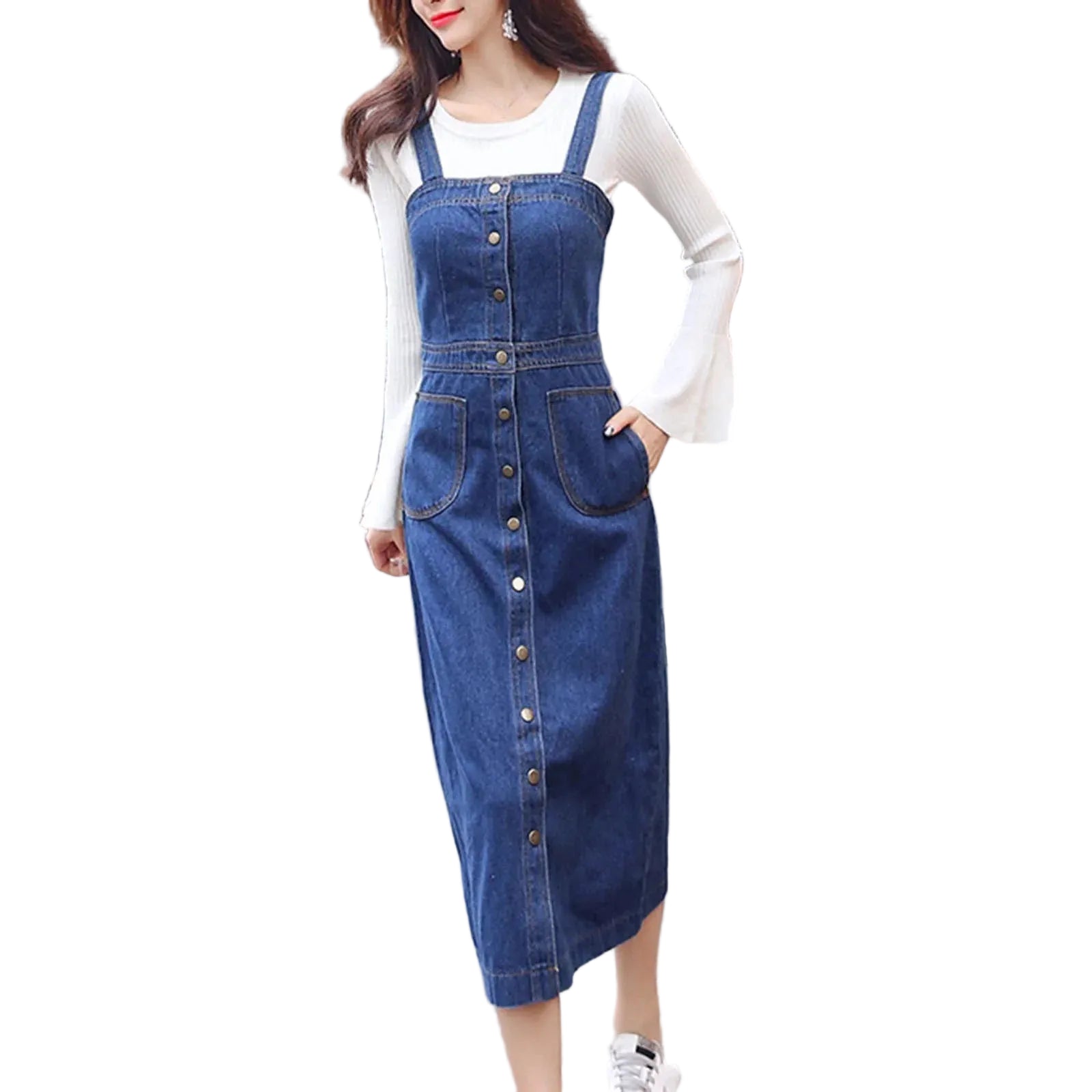 Denim Camisole Maxi Dress with Adjustable Straps and A-Line Silhouette
