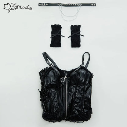 Women's Gothic A-Line Camisole Mini Dress with Detachable Sleeves and Choker Accessory Set