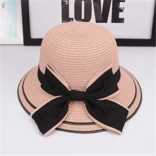 Women's Woven Straw Bucket Sun Hat with Decorative Bow for Casual Summer Outdoor Style