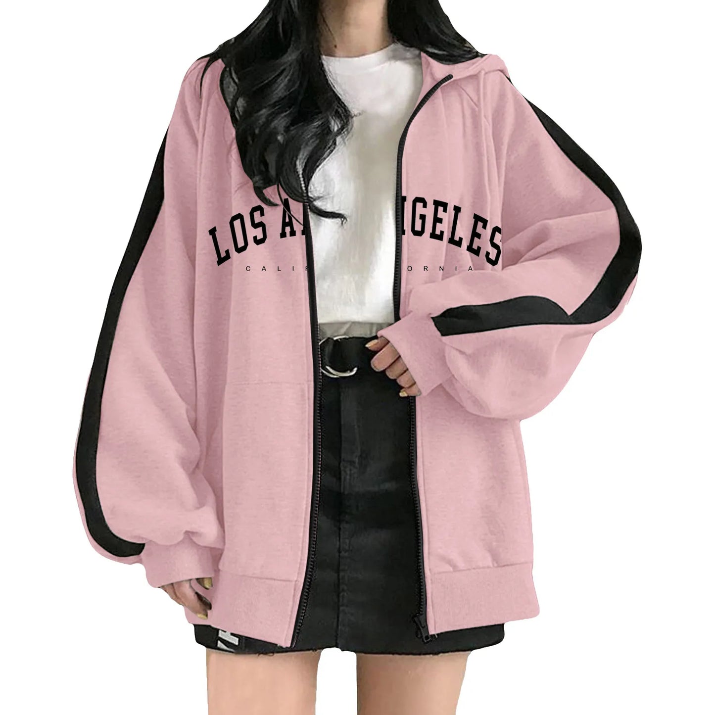 Women's Oversized Zip-Up Hoodie with Typography Graphic Relaxed Streetwear Everyday Style