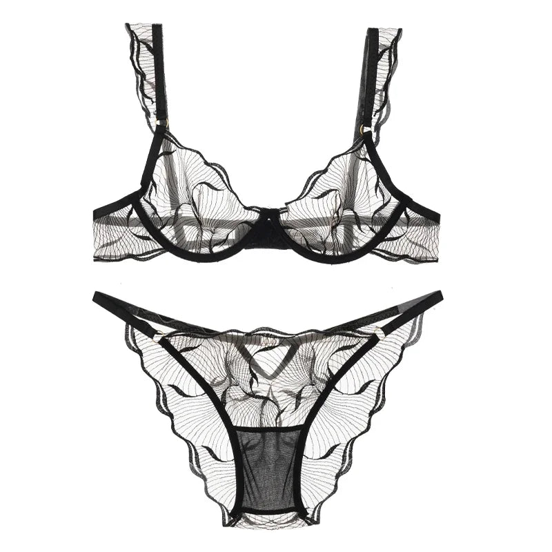 Sheer Mesh Unlined Underwire Bra and Panty Set with Botanical Leaf Embroidery