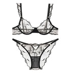 Sheer Mesh Unlined Underwire Bra and Panty Set with Botanical Leaf Embroidery