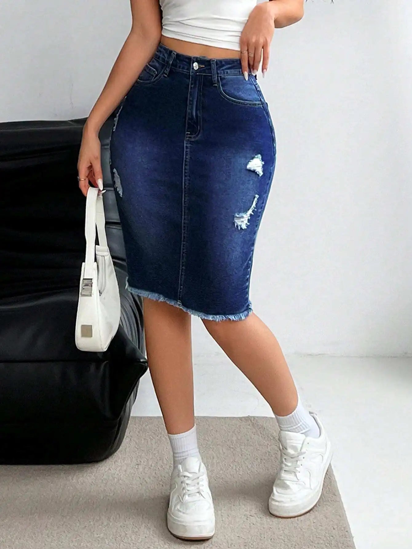 Distressed Stretch Denim Pencil Skirt with Frayed Hem Streetwear Styling