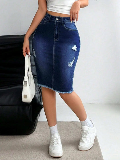 Distressed Stretch Denim Pencil Skirt with Frayed Hem Streetwear Styling