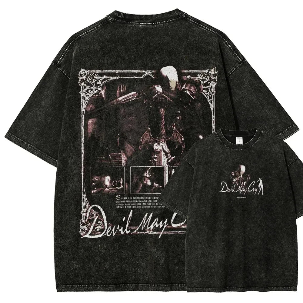 Gothic Warrior Anime Graphic Oversized Washed Streetwear Cotton T-Shirt