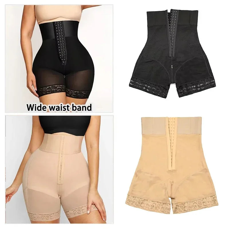 High-Waisted Mid-Thigh Shaping Shorts with Center Closure and Floral Lace Hem