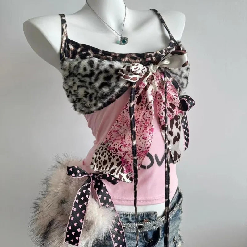 Lace Trim Graphic Halter Crop Top with Bow Detail Contemporary Streetwear Style