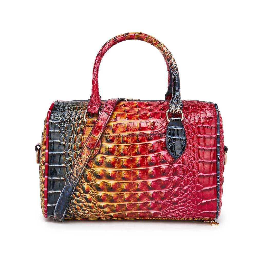 Embossed Top Handle Boston Satchel Bag with Detachable Crossbody Strap
