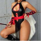 Glossy Black Faux Leather Warrior Bodysuit with Red Lace-Up Details and Draped Sash
