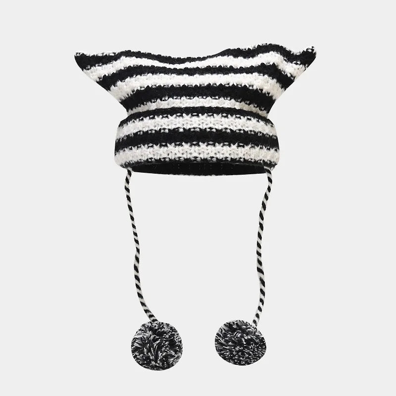Striped Cat Ear Knit Beanie with Cotton Acrylic Blend for Playful Streetwear Fashion Style