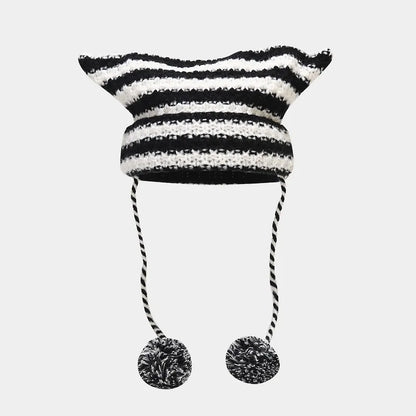 Striped Cat Ear Knit Beanie with Cotton Acrylic Blend for Playful Streetwear Fashion Style