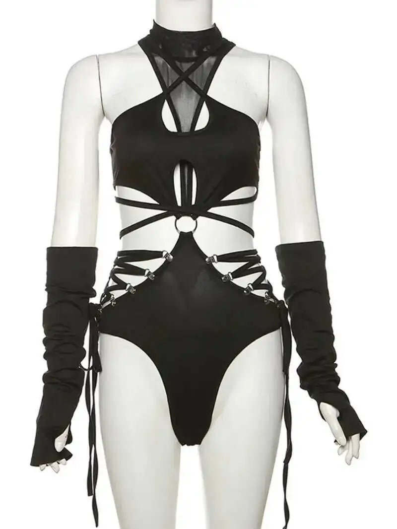 Harness Cutout Mock Neck Bodysuit with Arm Sleeves Alternative Fashion Style