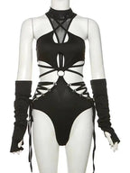Harness Cutout Mock Neck Bodysuit with Arm Sleeves Alternative Fashion Style