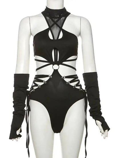 Harness Cutout Mock Neck Bodysuit with Arm Sleeves Alternative Fashion Style