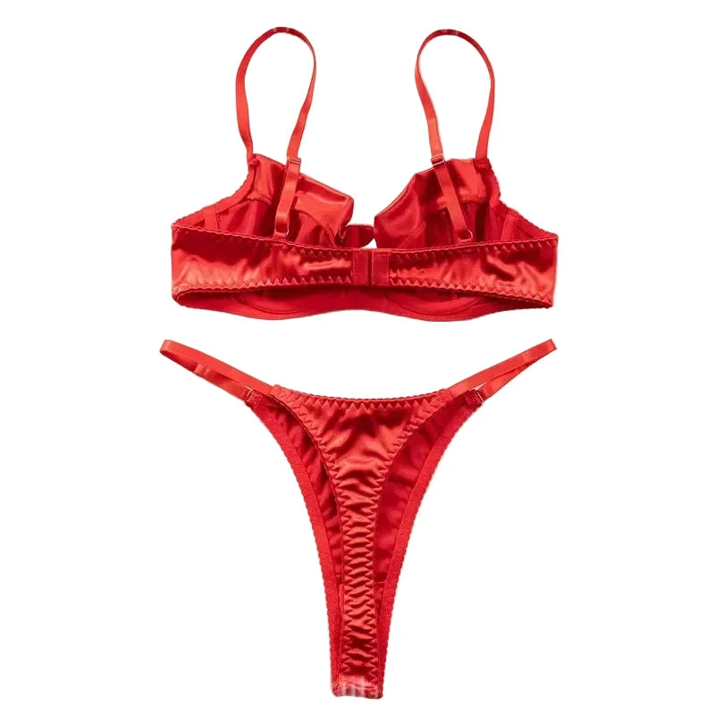 Lustrous Ruched Satin Demi Bra and Minimalist String Thong Set