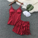 Elegant Navy Blue Satin-Finish Camisole and Shorts Set with Floral Lace Appliqué