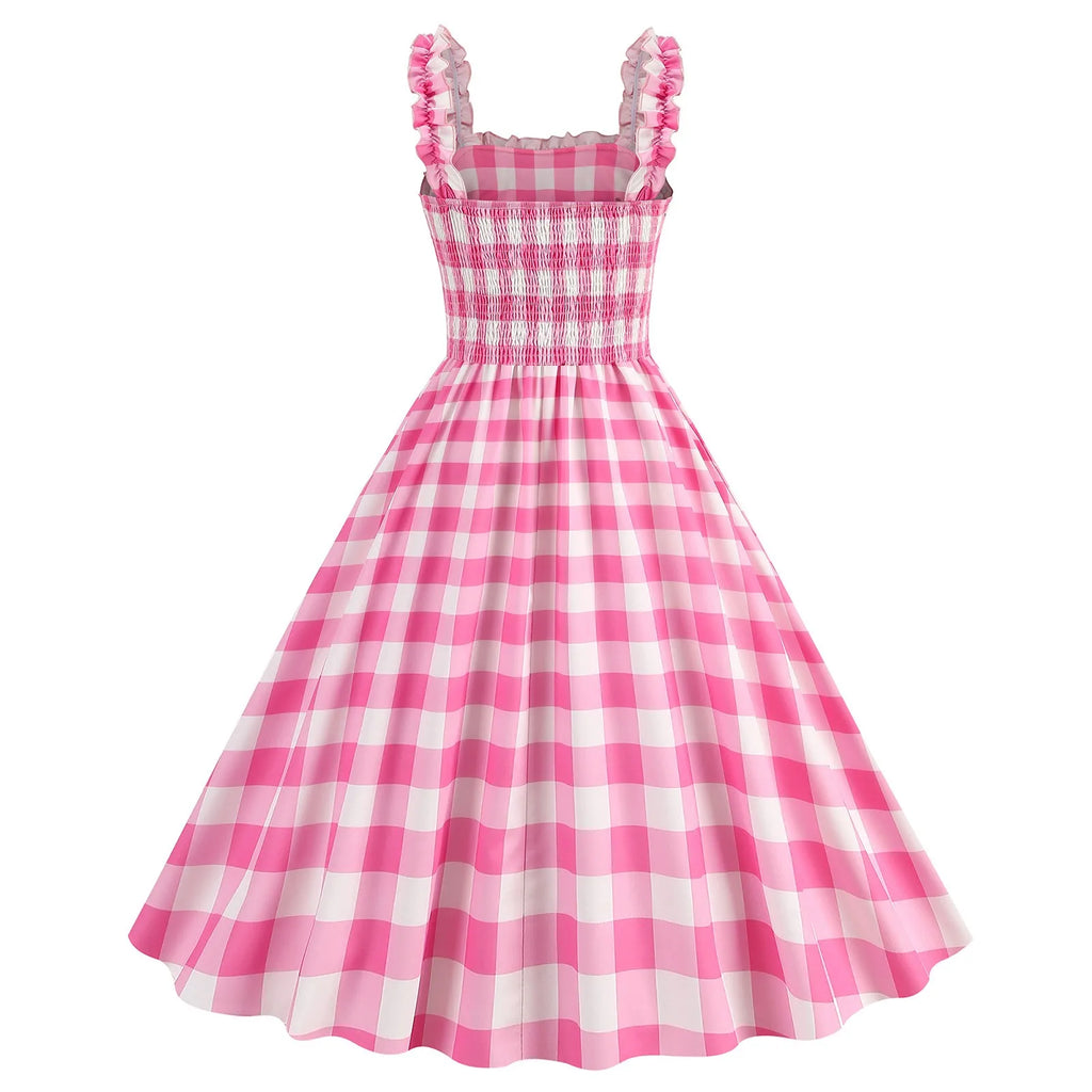 Vintage-Inspired Pink Polka Dot A-Line Dress with Ruffled Straps and Smocked Bodice
