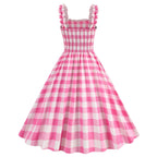 Vintage-Inspired Pink Polka Dot A-Line Dress with Ruffled Straps and Smocked Bodice