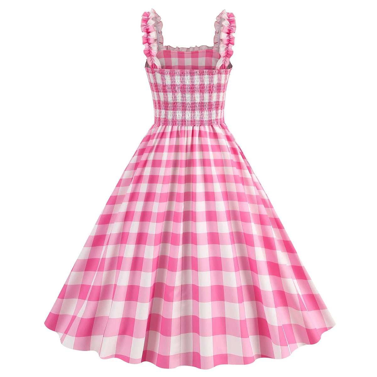 Vintage-Inspired Pink Polka Dot A-Line Dress with Ruffled Straps and Smocked Bodice