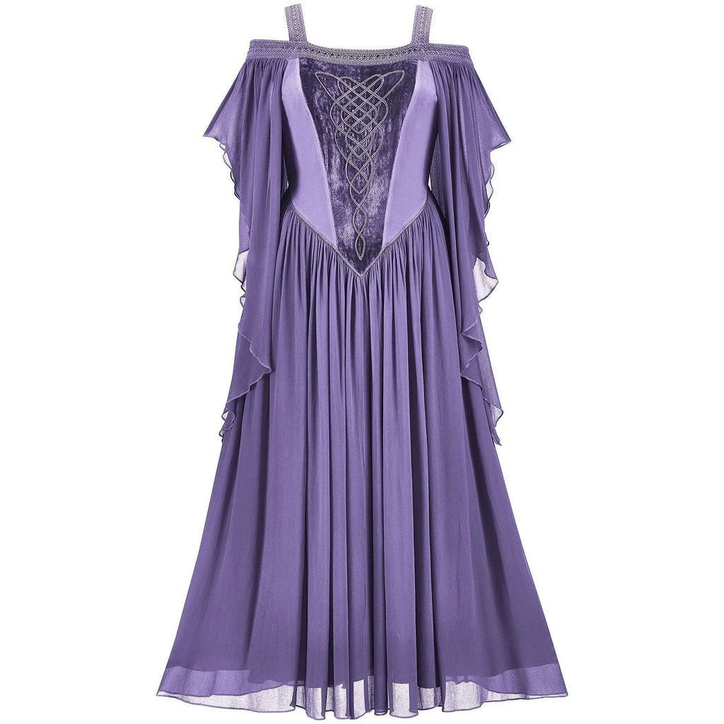 Ethereal Cold-Shoulder Fantasy Dress with Draped Sleeves and Corset Detailing