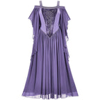 Ethereal Cold-Shoulder Fantasy Dress with Draped Sleeves and Corset Detailing