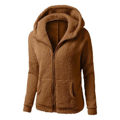 Women's Plush Zip-Up Hooded Fleece Jacket with Relaxed Fit for Everyday Streetwear Style