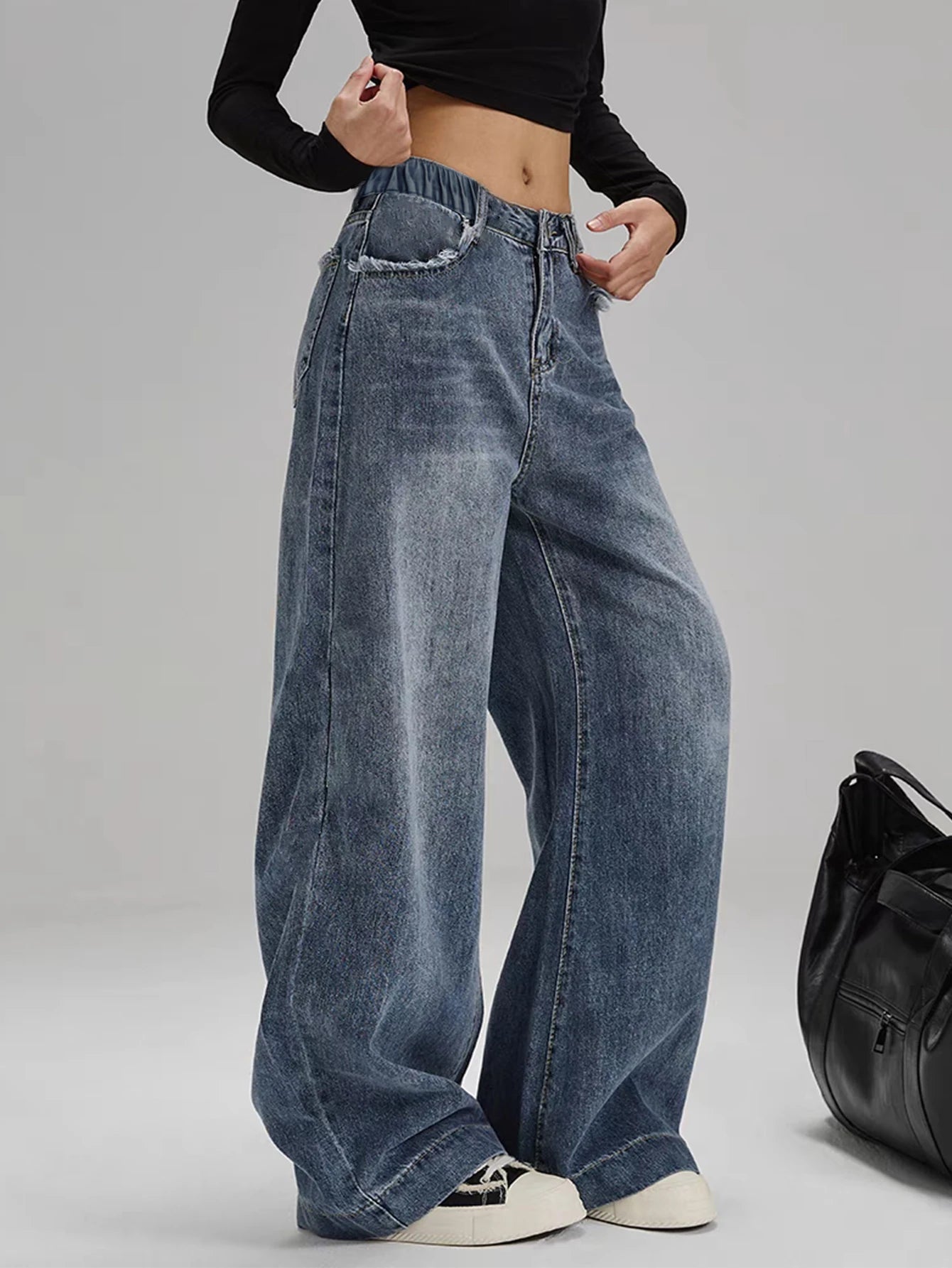 Women's Mid-Rise Loose Wide-Leg Straight Denim Jeans with Vintage Washed Everyday Casual Style
