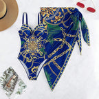 Royal Blue Baroque Print Swim Set with Structured Top and Matching Wrap Skirt