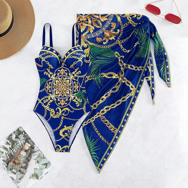 Royal Blue Baroque Print Swim Set with Structured Top and Matching Wrap Skirt