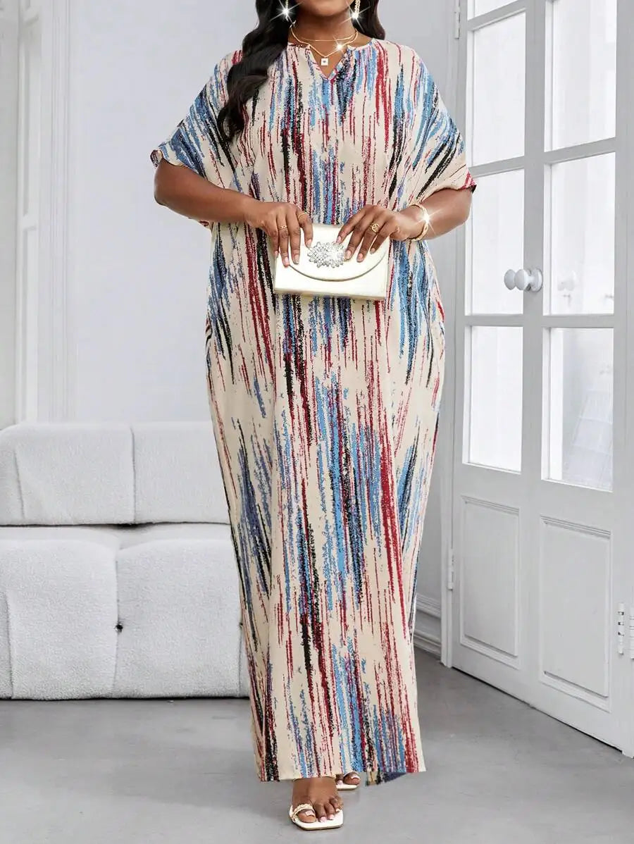 Abstract Print Batwing Sleeve Maxi Dress with Relaxed Flowing Silhouette