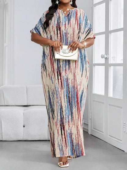 Abstract Print Batwing Sleeve Maxi Dress with Relaxed Flowing Silhouette