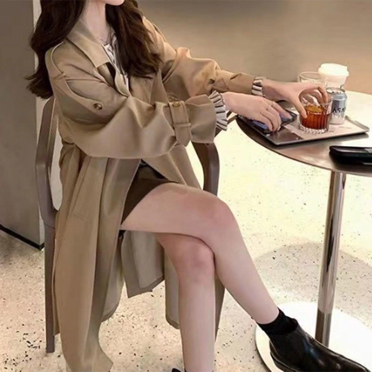Women's Mid-Length Belted Trench Coat Lightweight Casual Everyday Layering Outerwear