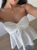 Strapless Drawstring Peplum Crop Top with Keyhole Detail Contemporary Style