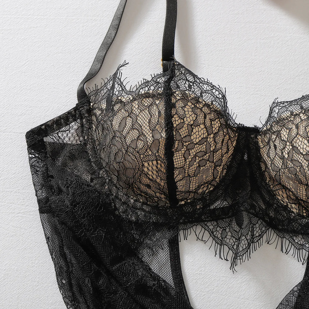 Sheer Black Lace V-Neck Babydoll and Matching Panty Set