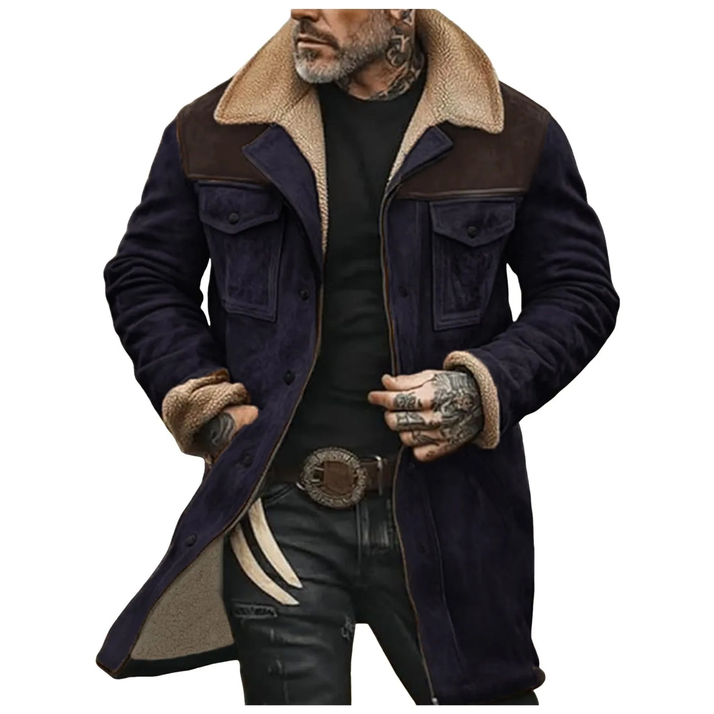 Men's Vintage Faux Suede Utility Jacket with Sherpa Collar and Multi Pocket Design
