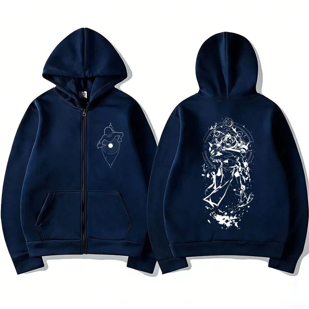 Anime Streetwear Zip Hoodie With Manga Style Graphic Back Artwork