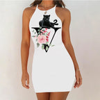 White Sleeveless Mini Nightgown with Bold Black Letter and Graphic Print, Slim Silhouette and Above-Knee Length