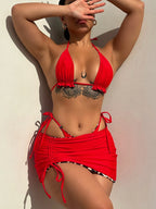 Reversible Leopard Print Three-Piece String Bikini Set with Ruched Skirt