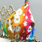 Vibrant Rainbow Daisy Print Triangle Bikini with Contrast Spotted Straps