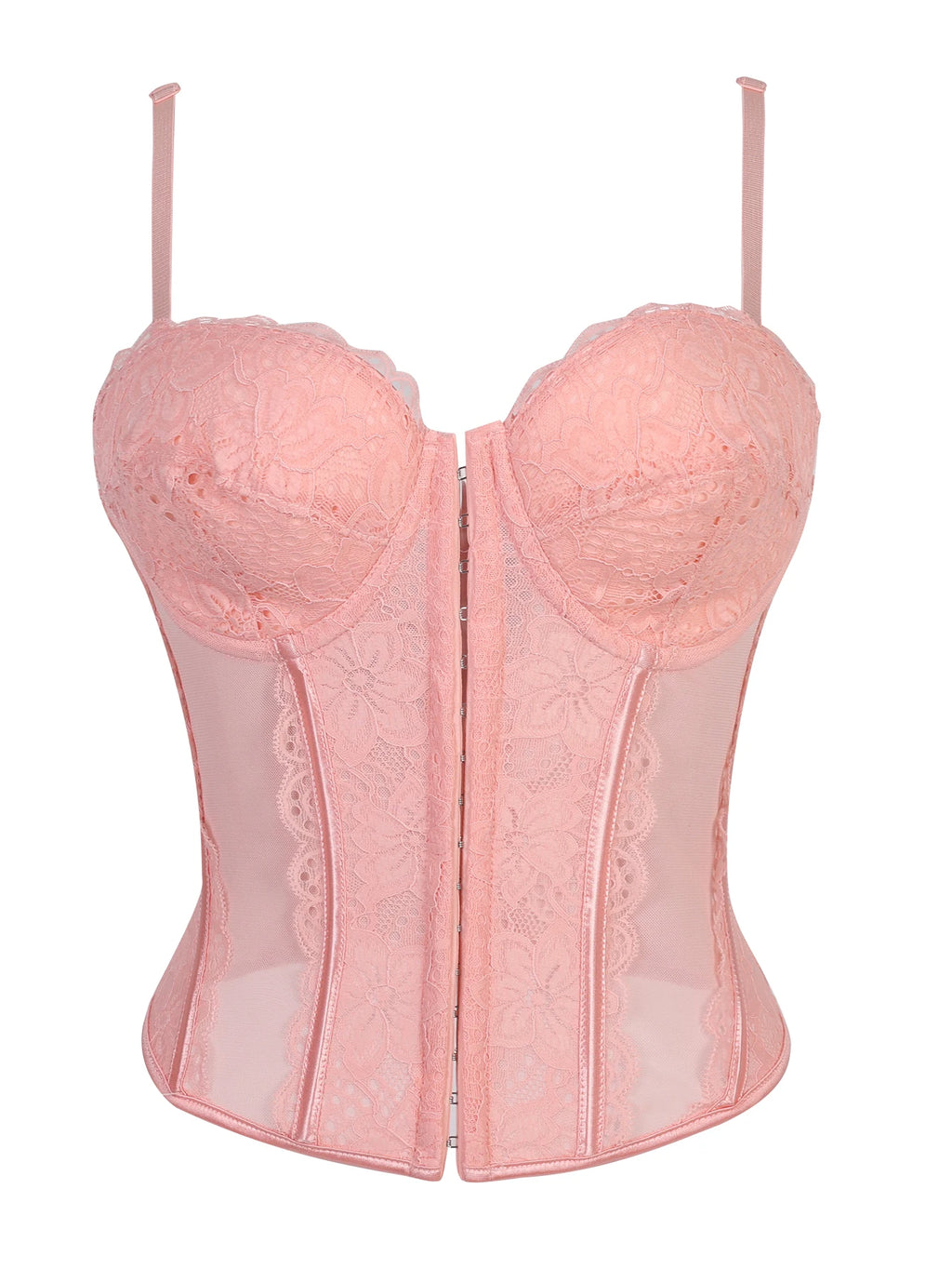 Crimson Red Lace and Sheer Mesh Bustier with Front Hook Closure