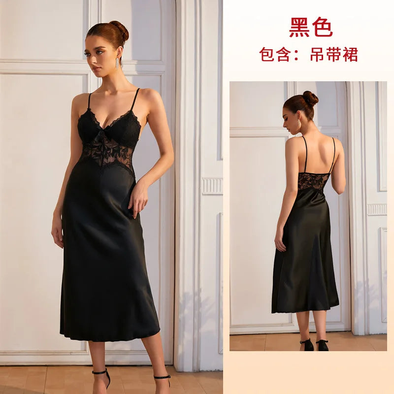 Vibrant Red Satin-Finish Midi Slip Dress with Sheer Lace Midriff