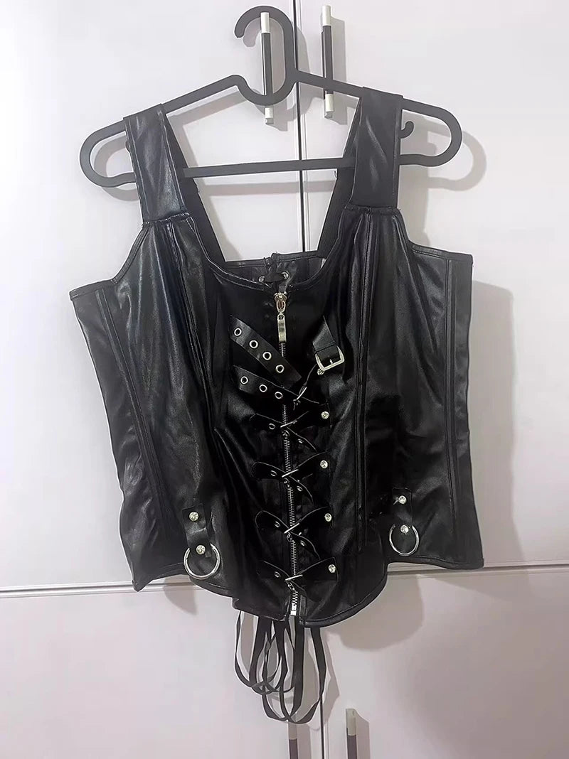 Faux Leather Overbust Harness Corset with Metallic Buckles and Zipper Detail
