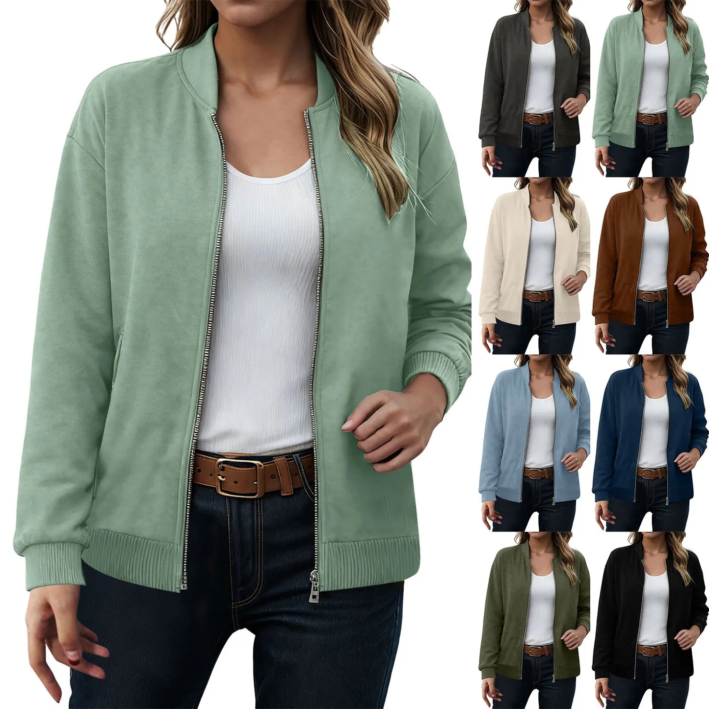 Women's Minimalist Zip Front Faux Suede Bomber Jacket for Contemporary Streetwear