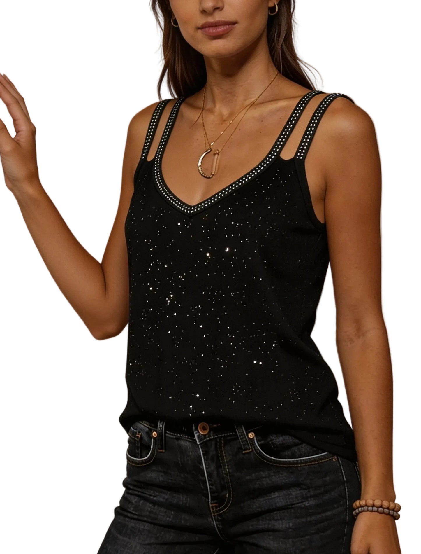 Rhinestone Double Strap Tank Top with Slim Fit Evening Streetwear Style