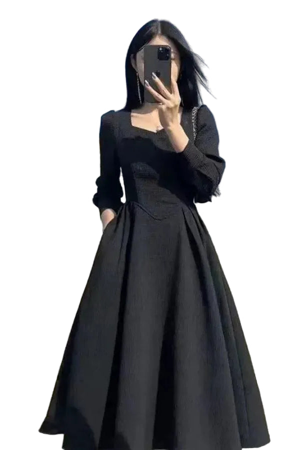 Dark Gothic A-Line Long Sleeve Alternative Fashion Midi Dress