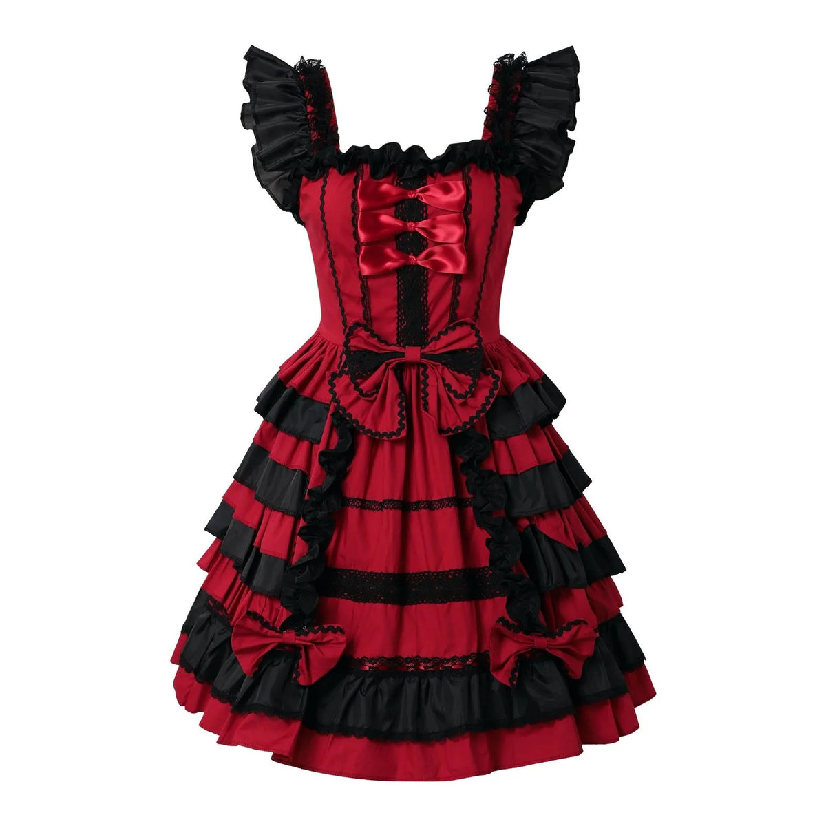 Playful Pink and Black Ruffled Sweetheart Dress with Decorative Bows and Lace Trim