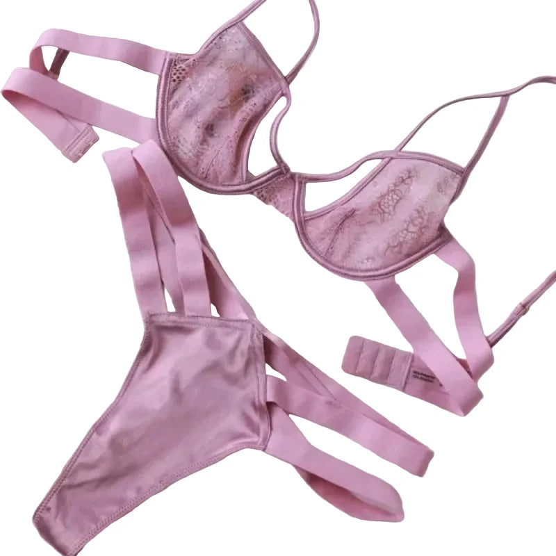Modern Pink Sheer Lace Underwire Bra and Wide-Strap Thong Set
