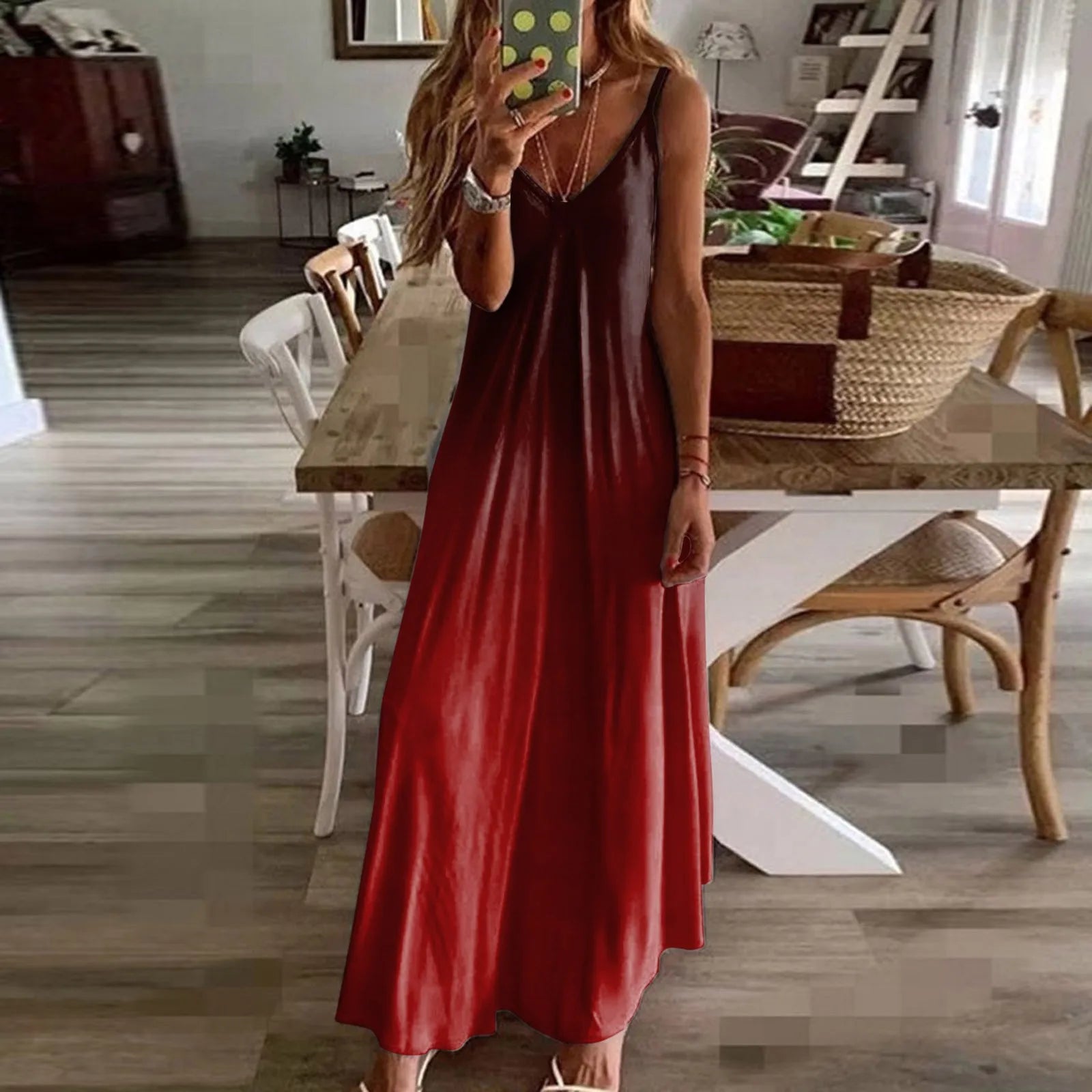 Gradient Print Spaghetti Strap Maxi Dress with Relaxed Boho Silhouette