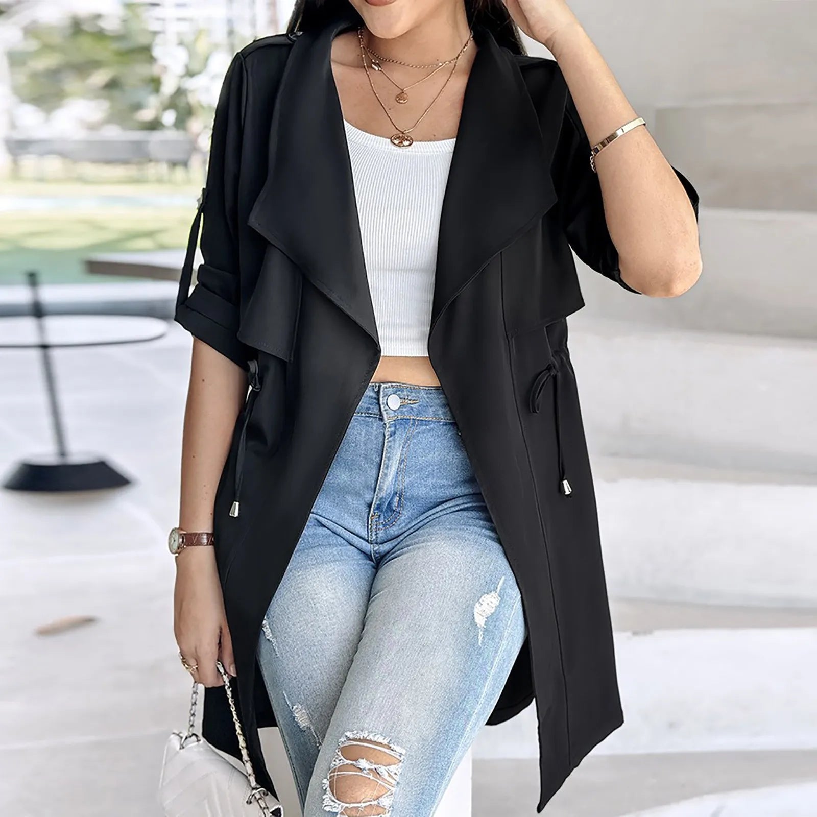 Women's Lightweight Longline Utility Trench Jacket with Relaxed Fit Contemporary Streetwear Outerwear